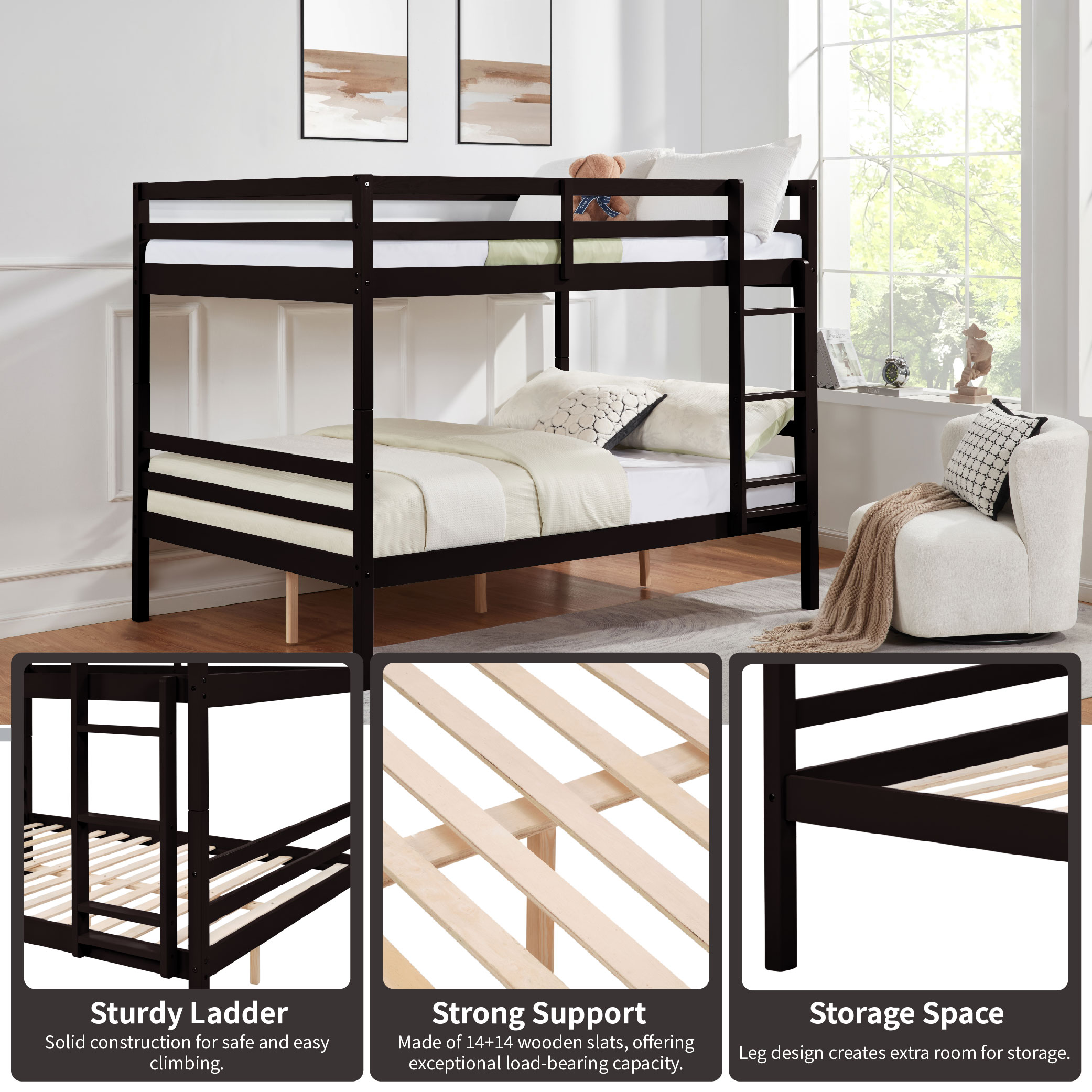 Full over Full Bunk Bed with Ladder,Wooden Bunk Bed with High Guardrail and Ladder for Kids, Teens, Dorm Rooms, and Guest Rooms,No Box Spring Needed,Espresso
